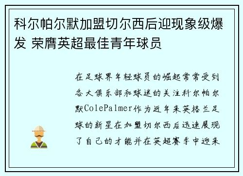 科尔帕尔默加盟切尔西后迎现象级爆发 荣膺英超最佳青年球员