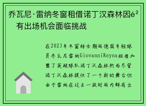 乔瓦尼·雷纳冬窗租借诺丁汉森林因鲜有出场机会面临挑战