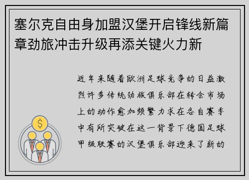 塞尔克自由身加盟汉堡开启锋线新篇章劲旅冲击升级再添关键火力新
