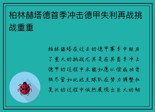 柏林赫塔德首季冲击德甲失利再战挑战重重