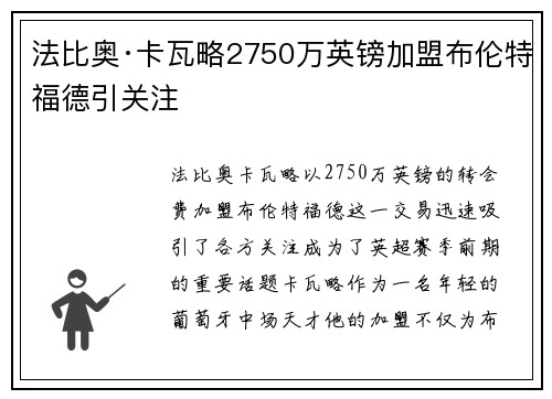 法比奥·卡瓦略2750万英镑加盟布伦特福德引关注